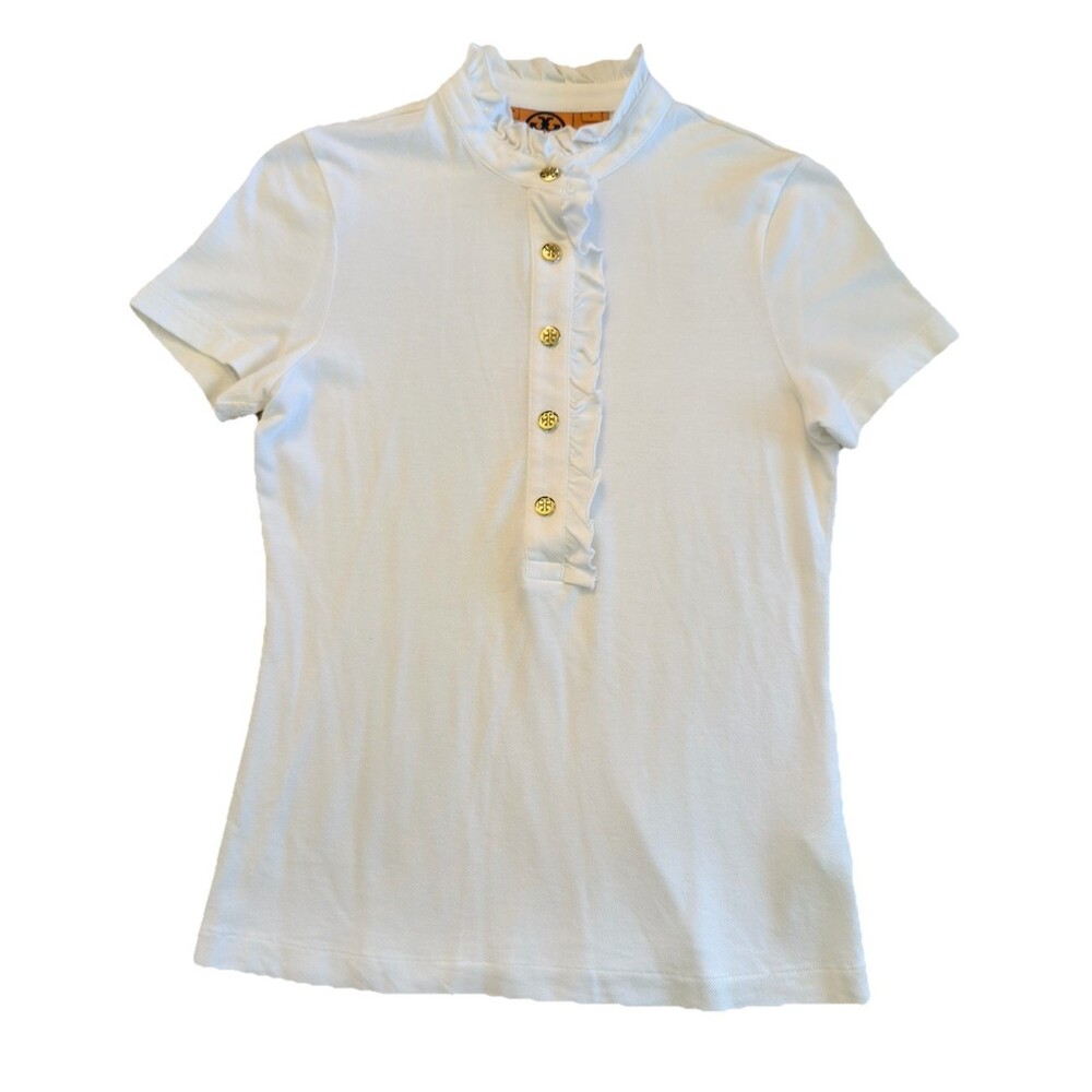Tory Burch White Polo Shirt Women Small Logo Buttons Cotton Top